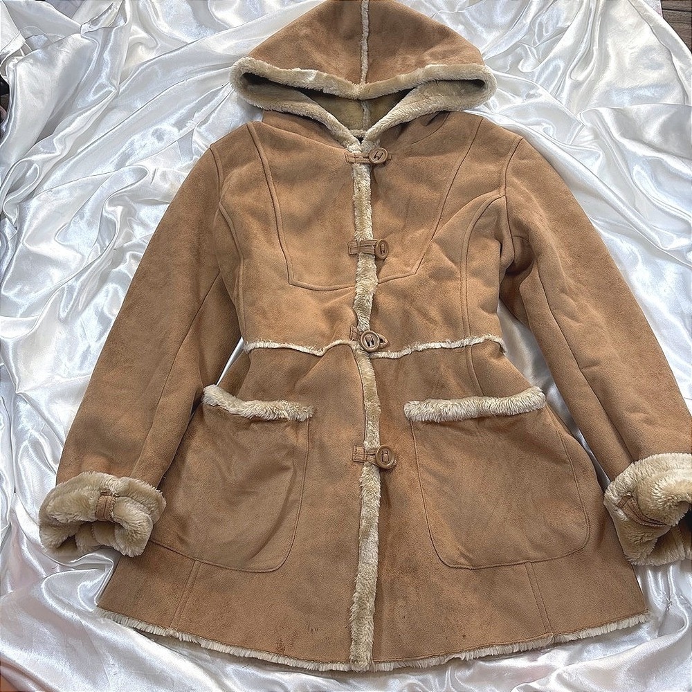 y2k Jones New York Faux Shearling Coat Tan Good Hooded Toggle Suede Jacket